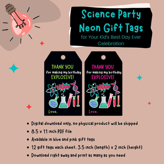 FREE Neon Gift Tags for Science-Themed Birthday Party ๐งฌโ