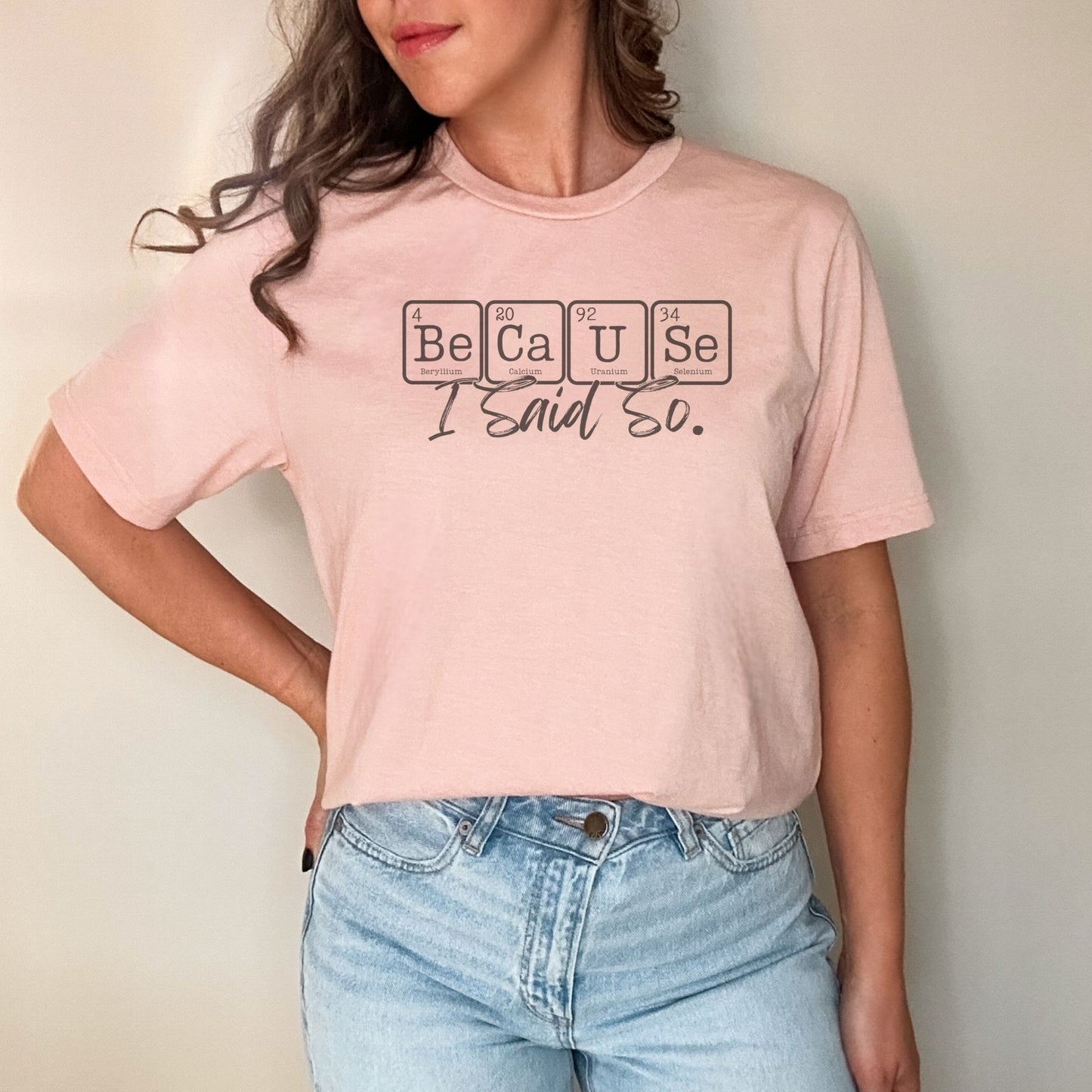 a woman wearing a pink t - shirt with the words because i can't