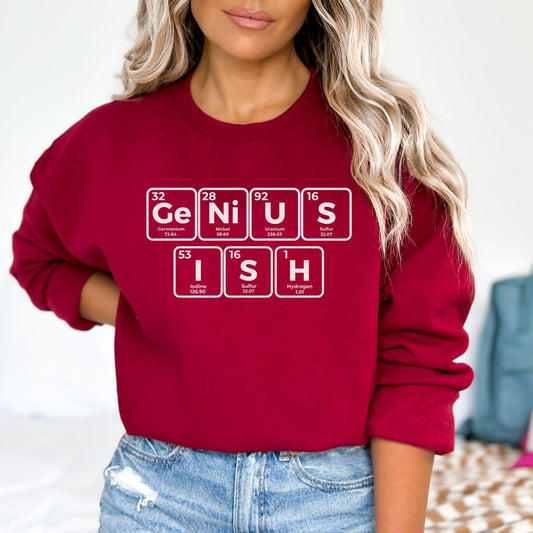a woman wearing a red sweatshirt with the words genius on it