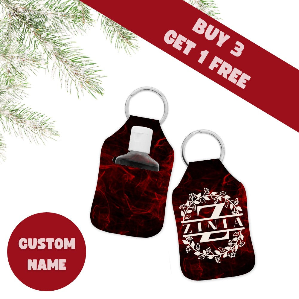 a pair of red luggage tags with a christmas tree in the background