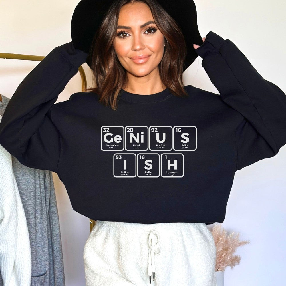 a woman wearing a sweatshirt that says genius is irish