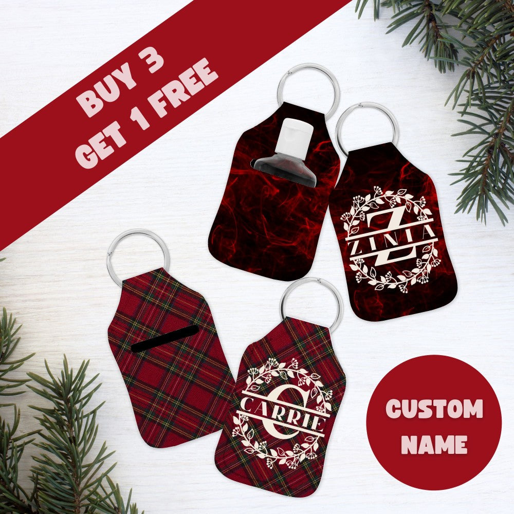 a set of three personalized christmas tags with a christmas tree in the background