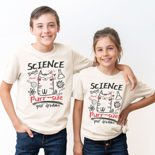 Youth STEM Cat Science Shirt Purr-sue Your Dreams Tee