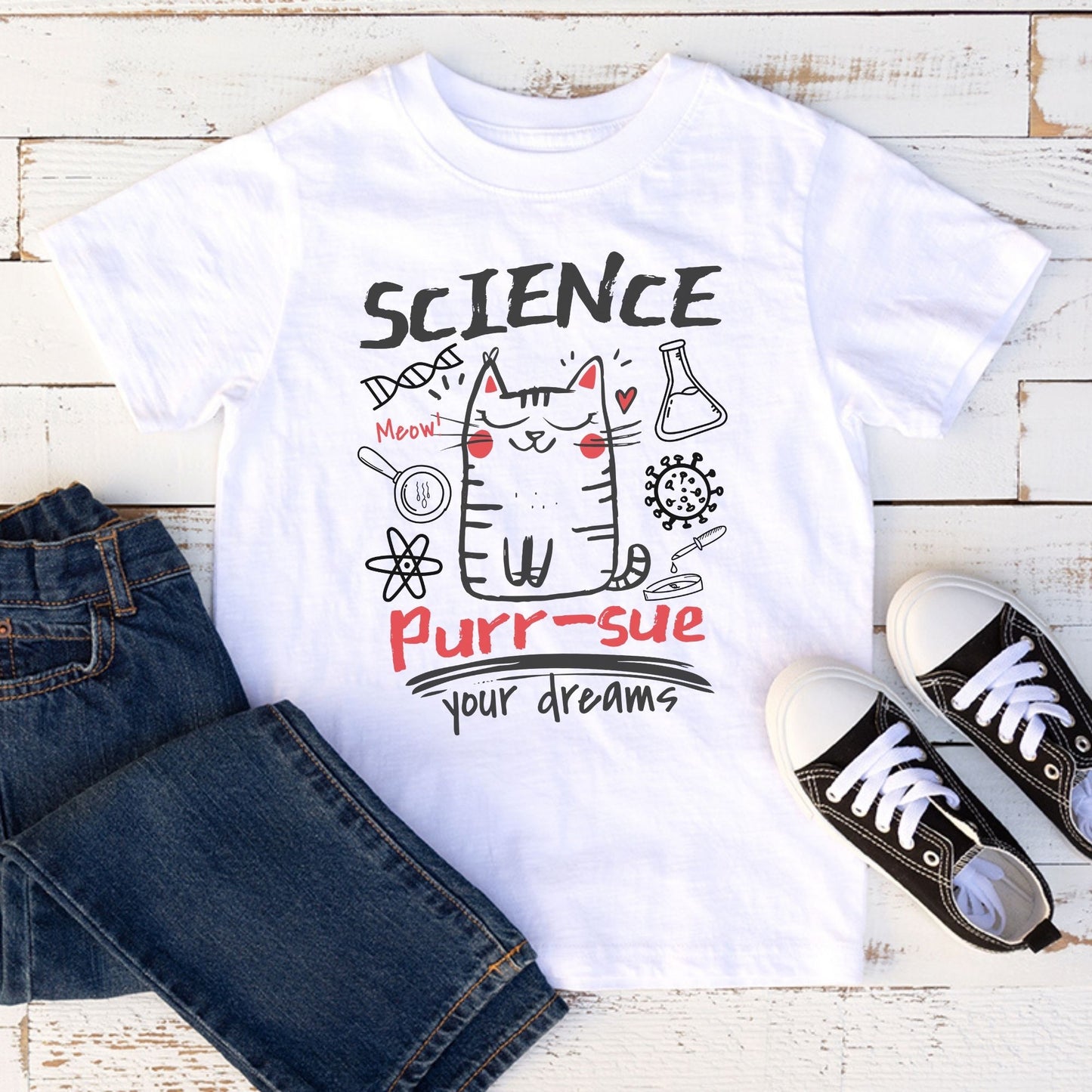 Youth STEM Cat Science Shirt Purr-sue Your Dreams Tee