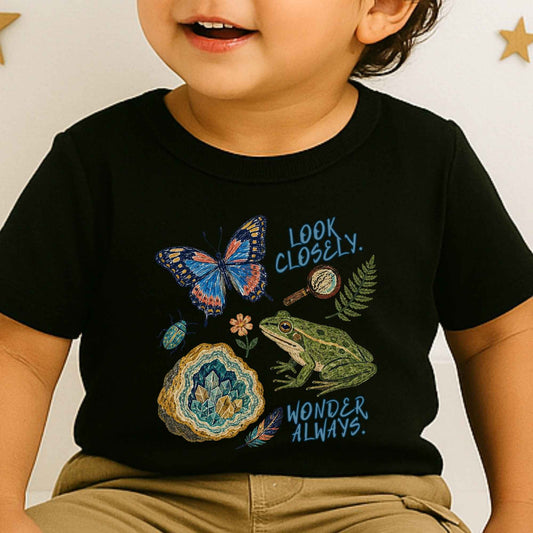 A toddler wearing a black short-sleeve graphic T-shirt with a colorful nature print featuring a butterfly, frog, geode, magnifying glass, fern, and the words 'LOOK CLOSELY. WONDER ALWAYS.