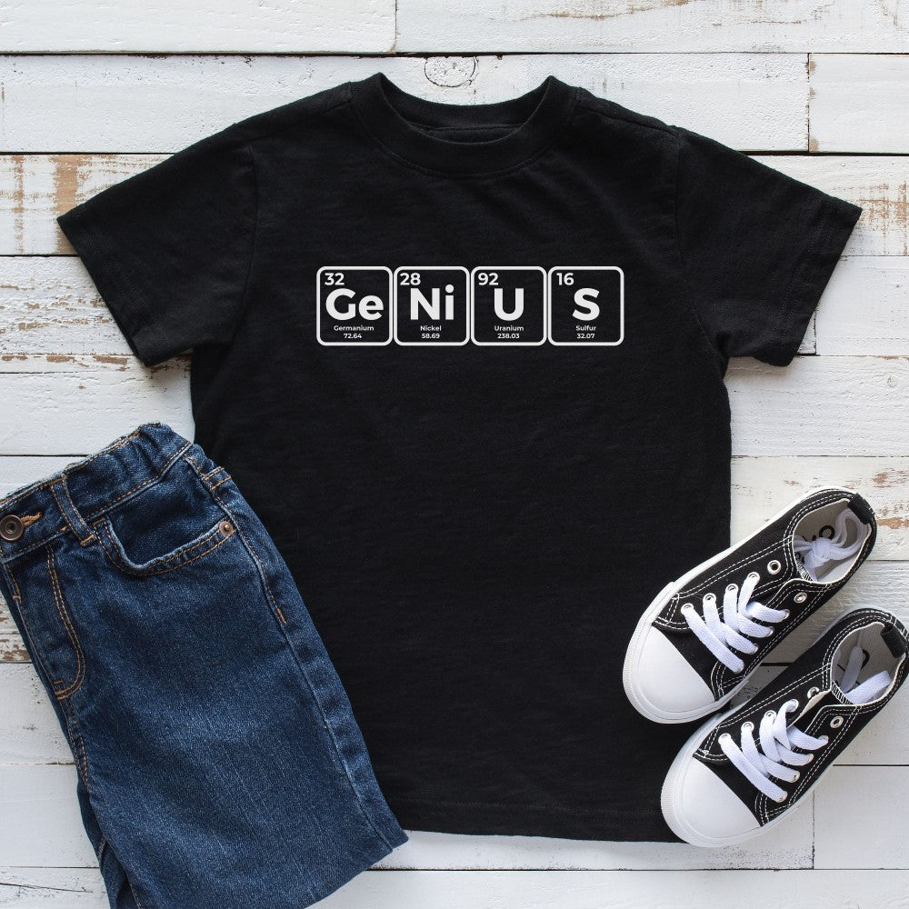 a t - shirt with the word genius on it and a pair of sneakers