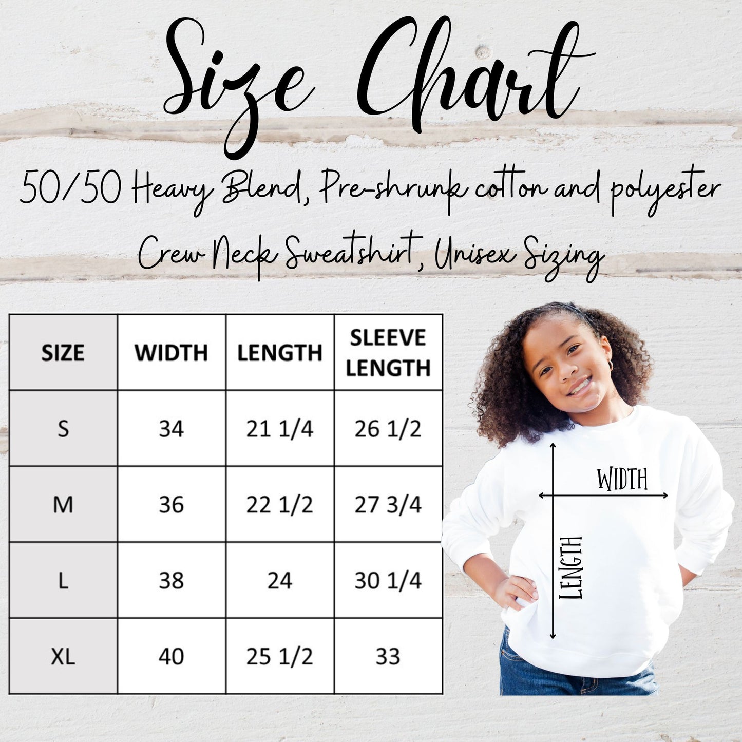 the size chart for a girl's sweatshirt