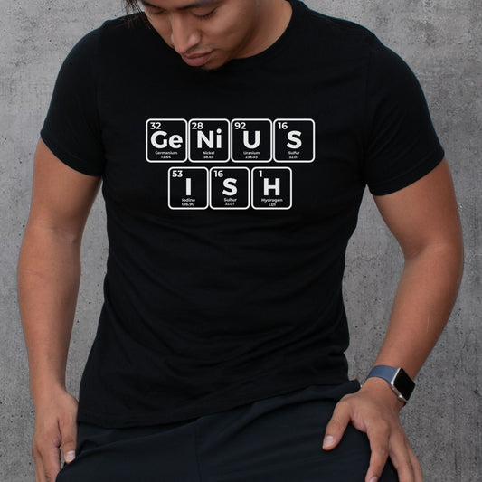 a man wearing a black t - shirt with the words genius's fish on