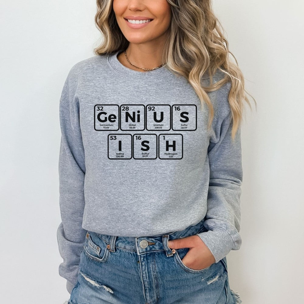 a woman wearing a sweatshirt that says genius is irish
