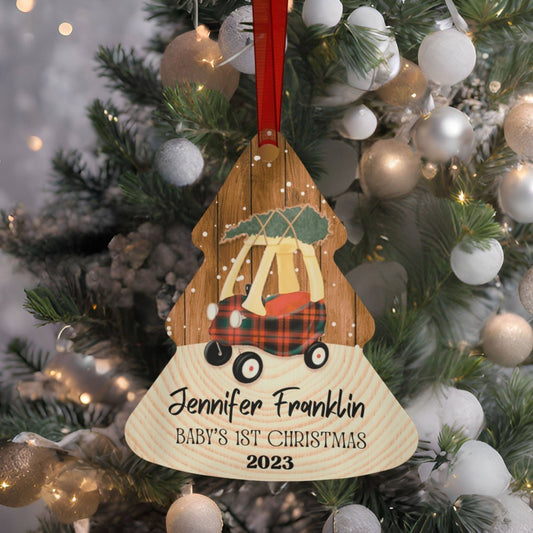 a wooden ornament hanging from a christmas tree