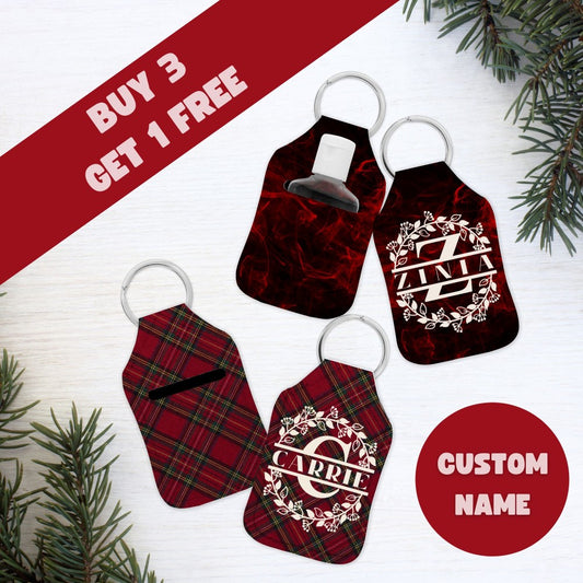 a set of three personalized christmas tags with a christmas tree in the background